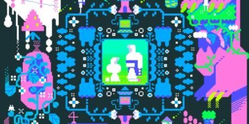 Jacket for La bit Pluie's digital single Peu de Sucre. The jacket has a dark background and colourful pixel art imagery with neon hues of blue, pink and green colours. In the centre is a bunny and the mascot of La bit Pluie with a bunny hat. On the right is a dragon and on the right is a fork that wants to poke into what looks like a melting cake, vines and on the bottom looks like a digital screen of a gaming scene and a palace.