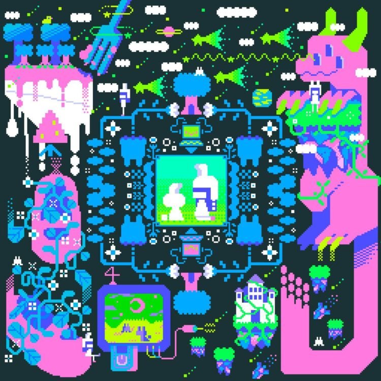Jacket for La bit Pluie's digital single Peu de Sucre. The jacket has a dark background and colourful pixel art imagery with neon hues of blue, pink and green colours. In the centre is a bunny and the mascot of La bit Pluie with a bunny hat. On the right is a dragon and on the right is a fork that wants to poke into what looks like a melting cake, vines and on the bottom looks like a digital screen of a gaming scene and a palace.