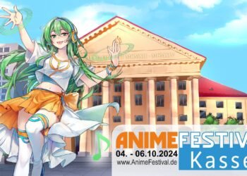 Anime Festival Kassel mascot with green hair and a white-orange outfit is keeping her arms up while posing in front of a building that looks exactly like the location where the event is taking place, Kassel Kongress Palais.