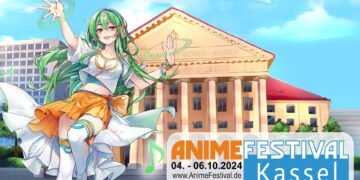 Anime Festival Kassel mascot with green hair and a white-orange outfit is keeping her arms up while posing in front of a building that looks exactly like the location where the event is taking place, Kassel Kongress Palais.