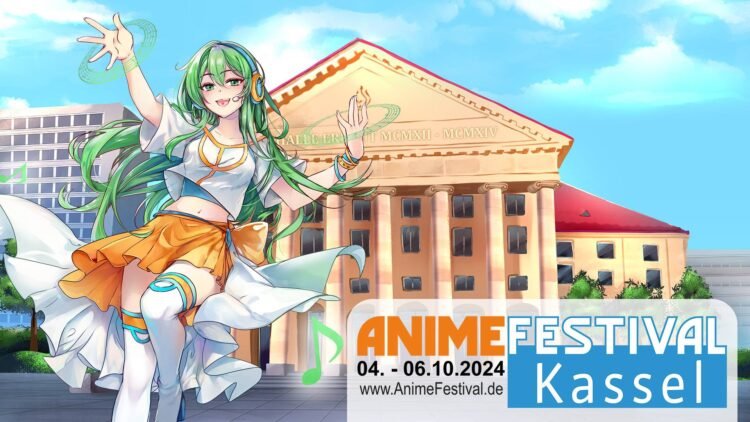 Anime Festival Kassel mascot with green hair and a white-orange outfit is keeping her arms up while posing in front of a building that looks exactly like the location where the event is taking place, Kassel Kongress Palais.