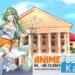 Anime Festival Kassel mascot with green hair and a white-orange outfit is keeping her arms up while posing in front of a building that looks exactly like the location where the event is taking place, Kassel Kongress Palais.