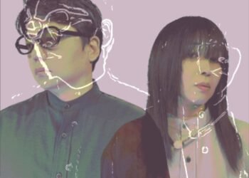 The musicians Makoto Miyoshi and Litsuko are standing next to each other, on top of it there is line art. Photography by Naoya Shimai
