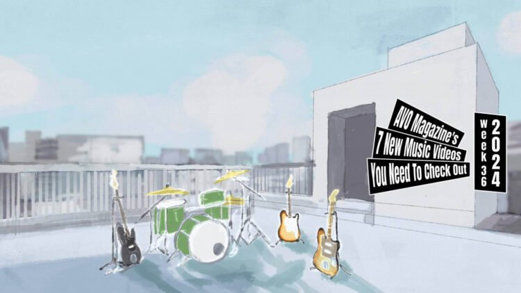 This still is the ending scene of the animated music video for the song "夏暁 (Late Summer)" by the band なるぎれ (Nargile). The ending scene depicts an illustration of a school rooftup setup with musical instruments, such as a drumkit and electric guitars. The scene is set against a backdrop of a clear blue sky with a couple of clouds.