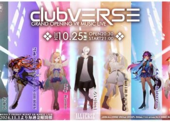 A colourful promotional banner for the grand opening of club VERSE, with the performing virtual musicians おまる (Omaru), 警戒ブロオドキャストCHERRY (Keikai Broadcast CHERRY), Lily Kanon, loy, 狐ノ里たけのこ (Kitsunenosato Takenoko), メルシュ-Malstrøm- and 猫日和きゃりこ (Calico Nekobiyori).