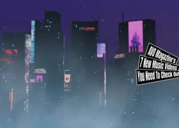 Still from INDIVIDUAL ELEVENS's music video for the song "PERFECT THRUST". A nighttime cyberpunk cityscape, featuring a futuristic skyline enveloped in a layer of mist. The sky is a dark purple and the buildings are adorned with vibrant neon lights and digital advertising billboards. The music video is created by Kihiro over a period of four months in Blender and AfterEffects.