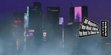 Still from INDIVIDUAL ELEVENS's music video for the song "PERFECT THRUST". A nighttime cyberpunk cityscape, featuring a futuristic skyline enveloped in a layer of mist. The sky is a dark purple and the buildings are adorned with vibrant neon lights and digital advertising billboards. The music video is created by Kihiro over a period of four months in Blender and AfterEffects.
