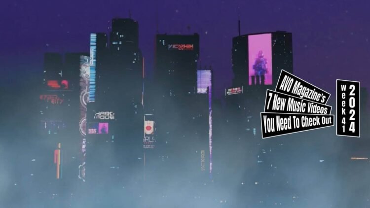 Still from INDIVIDUAL ELEVENS's music video for the song "PERFECT THRUST". A nighttime cyberpunk cityscape, featuring a futuristic skyline enveloped in a layer of mist. The sky is a dark purple and the buildings are adorned with vibrant neon lights and digital advertising billboards. The music video is created by Kihiro over a period of four months in Blender and AfterEffects.