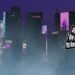 Still from INDIVIDUAL ELEVENS's music video for the song "PERFECT THRUST". A nighttime cyberpunk cityscape, featuring a futuristic skyline enveloped in a layer of mist. The sky is a dark purple and the buildings are adorned with vibrant neon lights and digital advertising billboards. The music video is created by Kihiro over a period of four months in Blender and AfterEffects.