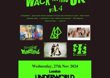 WACK in the UK Vol. 4 flyer in brown with neon green text with the information of the upcoming event and location, photos and logos of the groups performing at this event, ASP, ExWHYZ and MAMESHiBA NO TAiGUN TONAIBOUSHO a.k.a. MONSTER IDOL, and quote froms magazines about the event.