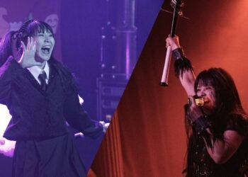 Yurapico and GARUDA in a collage, the photos are taken by James Grant (Wonderlens). Concept is taken from the writer "Between Heaven And Hell". On the left is Yurapico, smiling to the audience and surrounded by a purple-ish colour, while on the right GARUDA is holding up her bat while singing in her microphone and being surrounded by red colour.