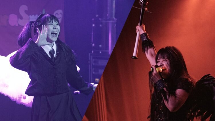 Yurapico and GARUDA in a collage, the photos are taken by James Grant (Wonderlens). Concept is taken from the writer "Between Heaven And Hell". On the left is Yurapico, smiling to the audience and surrounded by a purple-ish colour, while on the right GARUDA is holding up her bat while singing in her microphone and being surrounded by red colour.