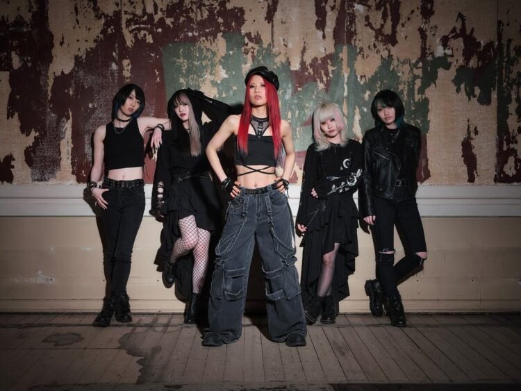 The photo shows the five members of BRIDEAR posing in what seems an old building with ripped off wallpaper and a wooden floor that has water damage. They are all dressed in black attire, although each member have their own unique look. In front stands the vocalist Kimi.