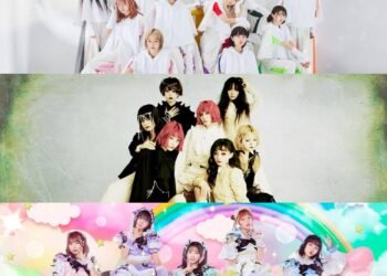 Collage of the groups GANG PARADE, ASP, and KiSS KiSS, in order from top to bottom. The members are dressed in white sportsy clothing, while the members of ASP are dressed more dark and gothy, the members of KiSS KiSS are dressed in cute outfits with pastel colours.  ©GANG PARADE/©ASP,©avex/©KiSS KiSS