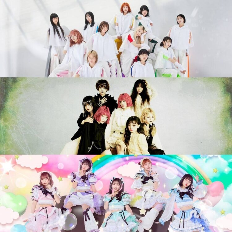 Collage of the groups GANG PARADE, ASP, and KiSS KiSS, in order from top to bottom. The members are dressed in white sportsy clothing, while the members of ASP are dressed more dark and gothy, the members of KiSS KiSS are dressed in cute outfits with pastel colours. ©GANG PARADE/©ASP,©avex/©KiSS KiSS