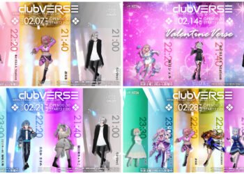 Flyers for club VERSE in February. Starting with Friday 7 February with performers loy, 譜奏棗 (Natsume Fukana), and Re:ELLA Station. Then Friday 14 February, Valentine Verse, with loy, Re:ELLA Station, and 海月シェル (Umitsuki Shell). Then Friday 21 February with performers loy, 猫日和きゃりこ (Calico Nekobiyori), たなか きさめ (Tanaka Kisame), and guest performer 猫塚大翔 (Taiga Nekozuka). The last flyer promotes the event of Friday 28 February, with performers loy, Sha-la, 警戒ブロオドキャストCHERRY (Keikai Broadcast CHERRY), 真綿スピカ (Mawata Spica), and おまる (Omaru).