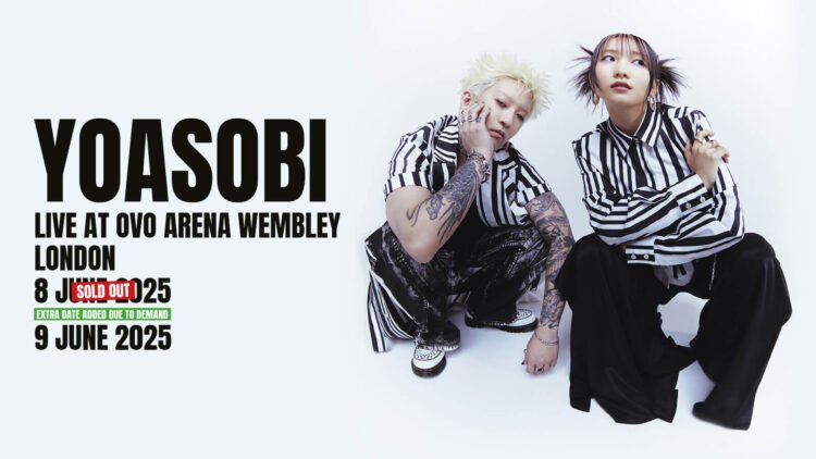 Photo of the duo YOASOBI dressed in coordinated black and white striped clothing and squatting close to each other for a pose. Next to it is the promotion for their first European headlining show in London.