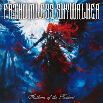  Album cover of FATHOMLESS SKYWALKER's debut album "Anthems of the Resilient", with a focus point on a figure with long red hair in armor and weapons surrounded by what seems a stormy sea and dramatic sky.
