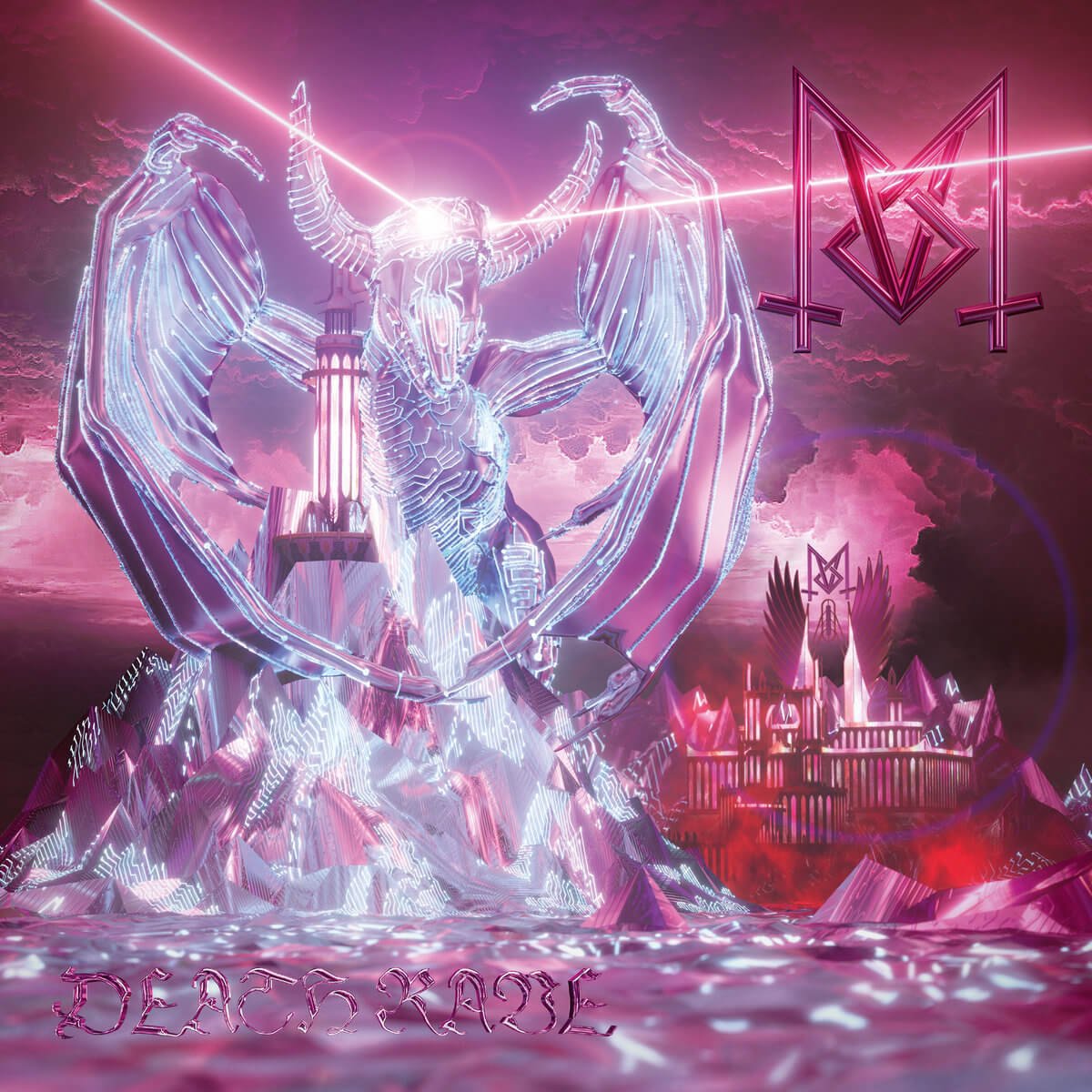 "DEATH RAVE" cover art. The image features a figure of a demon with wings and horns standing on top of what appears to be a sort of mountain and lighthouse. In the background seems to be a city or a kind of religious place with the logo of VMO on the top. The dominant colour is pink, in the direction of old pink.