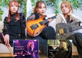 A collage consisting of five musicians, three from KOIAI: Kanade (on Drums), Li-sa-X (on Guitar), Hazuki (on Guitar) sitting on a white sofa and a blue with green (with fake green plants) background, and two smaller photos introducing support musicians for the upcoming European shows: Wakazaemon on bass and nene on vocals.