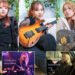 A collage consisting of five musicians, three from KOIAI: Kanade (on Drums), Li-sa-X (on Guitar), Hazuki (on Guitar) sitting on a white sofa and a blue with green (with fake green plants) background, and two smaller photos introducing support musicians for the upcoming European shows: Wakazaemon on bass and nene on vocals.