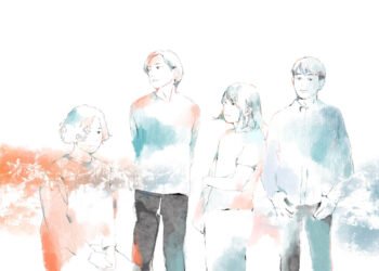 Illustration of the four members of Seventeen Years Old And Berlin Wall. It is a minimalistic illustration, with a hazy/cloud effect in orange and blue colours mixed in with a white background.