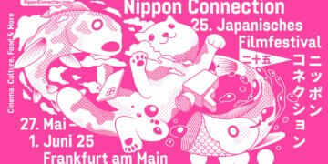 Nippon Connection 2025 official festival graphic with a Japanese-inspired illustration featuring two fish and a cat on a pink background.