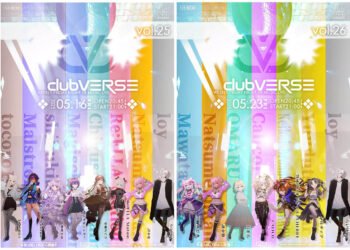 Flyers for club VERSE in May 2025. Starting with 16 May: TOCORO十 (Tokoroten, tocoro10), メルシュ-Malstrøm-, 紫吹まゆ (Mayu Shibuki), 魔法少女シュネー (Magischer Schnee), 葉柳ちぐさ (Chigusa Hayanagi), Re:ELLA Station, 譜奏棗 (Natsume Fukana), ろい [loy]. And then 23 May: 真綿スピカ (Mawata Spica), 譜奏棗 (Natsume Fukana), おまる (Omaru), 猫日和きゃりこ (Calico Nekobiyori), 警戒ブロオドキャストCHERRY (Keikai Broadcast CHERRY), 夕月ティア (Yuudutsu Tear), and loy.
