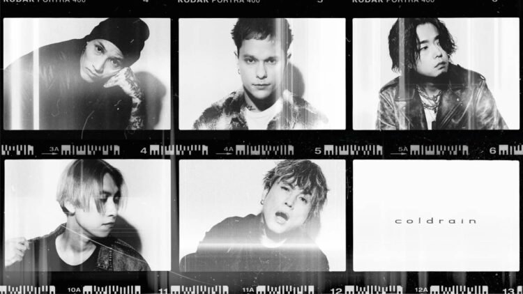 The band photo of coldrain consists of two rows of a photo film layout with the five portraits of the band members and the band logo.