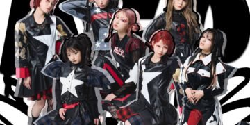 Photo with the seven group members of ASP posing, brought together as if it were a collage. They are wearing black rock-inspired outfits with accents of red and white.