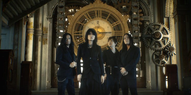 Photo of the four-piece alternative metal band Esprit D'Air standing side by side against a background featuring a large clockwork mechanism with gears, cogs, and springs, in golden/metallic tones. All members are dressed in dark clothing and standing in what seems to be an old clock tower. The same location and imagery can be seen in the music video for "Shadow of Time", which is produced by Mind Art Visual.