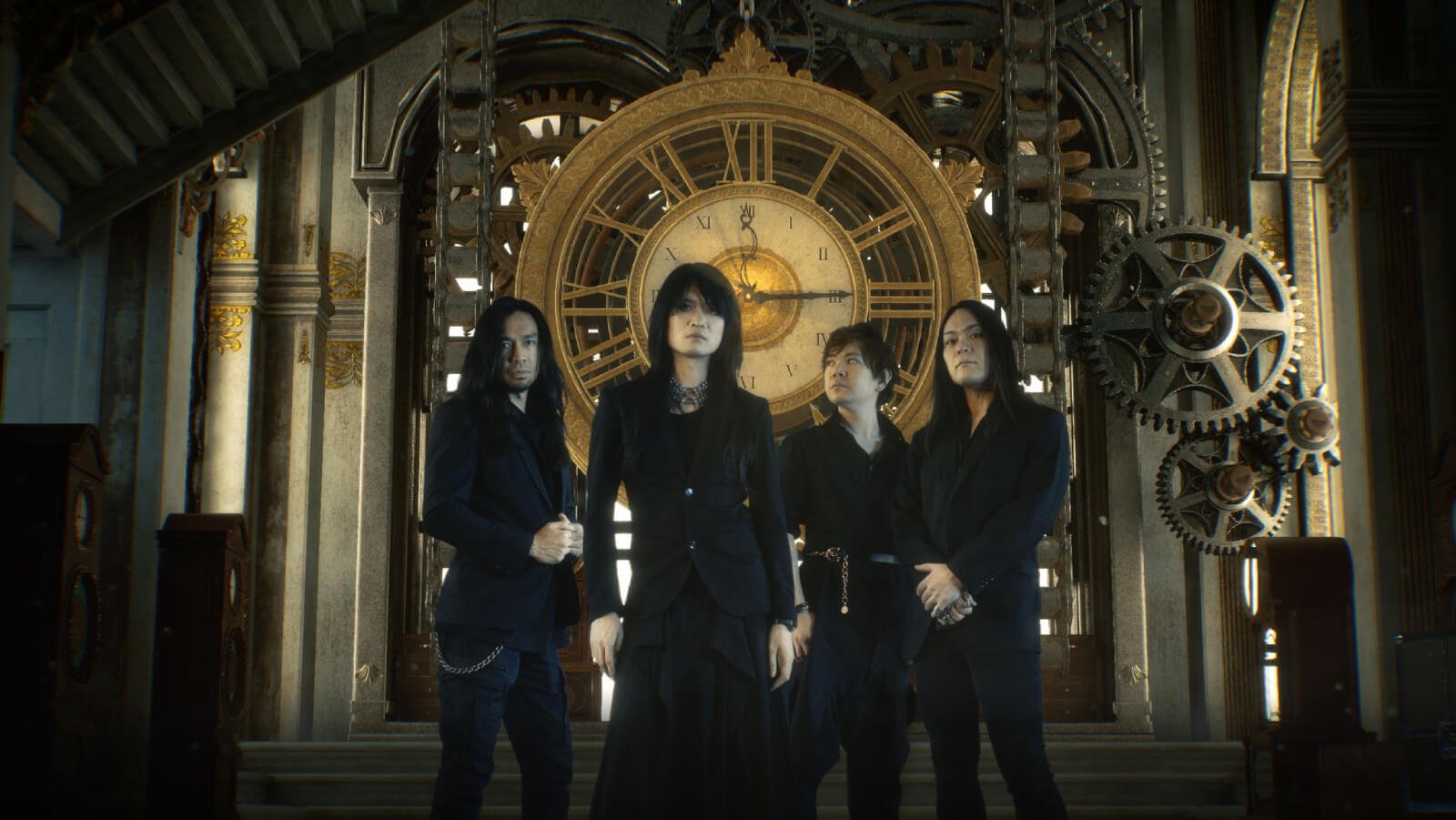 Photo of the four-piece alternative metal band Esprit D'Air standing side by side against a background featuring a large clockwork mechanism with gears, cogs, and springs, in golden/metallic tones. All members are dressed in dark clothing and standing in what seems to be an old clock tower. The same location and imagery can be seen in the music video for "Shadow of Time", which is produced by Mind Art Visual.
