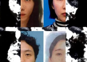 A collage of four passport photos of the band members of Qujaku, half of the photos show an artistic piece of a painting in black and white colours. In the past, this artwork was used to promote a concert in Japan.