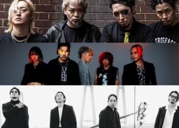 SiM: The photo features the four members of the Japanese band SiM (Silence iz Mine), all dressed in black attire and with serious facial expressions, posing in front of a red brick wall. Crossfaith: Band photo featuring the five members of Crossfaith posing against a light gray background with orange lighting on some places. The band members are predominantly dressed in black outfits. Survive Said The Prophet: A black-and-white photo of the band Survive Said The Prophet standing on a road near a bridge. The bandmembers are all dressed in dark/black suits, posing all in a different way but facing the camera.