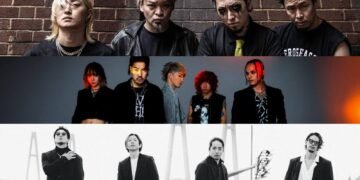 SiM: The photo features the four members of the Japanese band SiM (Silence iz Mine), all dressed in black attire and with serious facial expressions, posing in front of a red brick wall. Crossfaith: Band photo featuring the five members of Crossfaith posing against a light gray background with orange lighting on some places. The band members are predominantly dressed in black outfits. Survive Said The Prophet: A black-and-white photo of the band Survive Said The Prophet standing on a road near a bridge. The bandmembers are all dressed in dark/black suits, posing all in a different way but facing the camera.