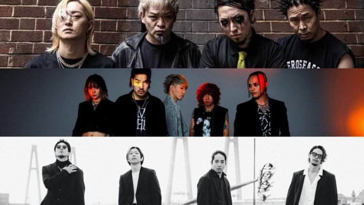 SiM: The photo features the four members of the Japanese band SiM (Silence iz Mine), all dressed in black attire and with serious facial expressions, posing in front of a red brick wall. Crossfaith: Band photo featuring the five members of Crossfaith posing against a light gray background with orange lighting on some places. The band members are predominantly dressed in black outfits. Survive Said The Prophet: A black-and-white photo of the band Survive Said The Prophet standing on a road near a bridge. The bandmembers are all dressed in dark/black suits, posing all in a different way but facing the camera.