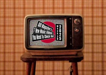 Music Video Roundup logo on top of a design with the red dot (inspired by the Japanese flag) on top of a photo of an old television with white noise on the screen, placed on a chair with orange-coloured tiles on the background. (Photo by Hamed Asad, edited by Francisca Hagen)