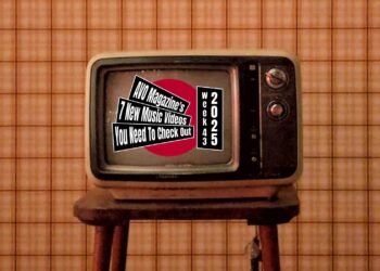 Music Video Roundup logo on top of a design with the red dot (inspired by the Japanese flag) on top of a photo of an old television, placed on a chair with orange-coloured tiles on the background. (Photo by Hamed Asad, edited by Francisca Hagen)