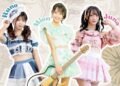 A photo collage of three Japanese musicians, named Runo Tauchi, MION, and Juna Shinno posing. They are all wearing a dress in specific colours; blue, mint and light pink.