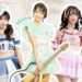 A photo collage of three Japanese musicians, named Runo Tauchi, MION, and Juna Shinno posing. They are all wearing a dress in specific colours; blue, mint and light pink.