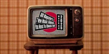 Music Video Roundup logo on top of a design with the red dot (inspired by the Japanese flag) on top of a photo of an old television with white noise on the screen, placed on a chair with orange-coloured tiles on the background. (Photo by Hamed Asad, edited by Francisca Hagen)