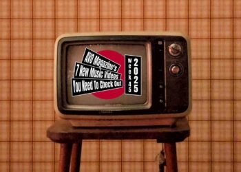 Music Video Roundup logo on top of a design with the red dot (inspired by the Japanese flag) on top of a photo of an old television, placed on a chair with orange-coloured tiles on the background. (Photo by Hamed Asad, edited by Francisca Hagen)