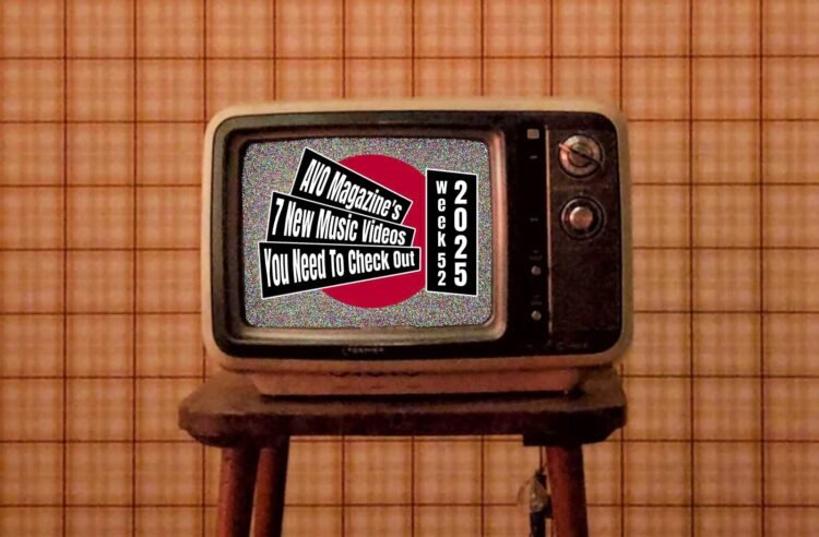 Music Video Roundup logo on top of a design with the red dot (inspired by the Japanese flag) on top of a photo of an old television with white noise on the screen, placed on a chair with orange-coloured tiles on the background. (Photo by Hamed Asad, edited by Francisca Hagen)