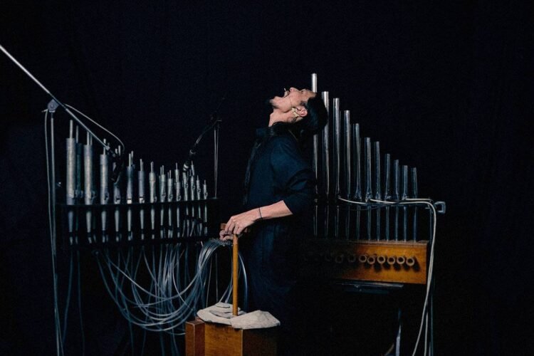 The photo shows a darkly lit room with sound artist and composer FUJI||||||||||TA standing in front of his hand-built pipe organ. The sound artist is dressed in black clothing and stands with his body turned to the right while his face is facing upwards and he appears to be screaming. Photo by Tomohiko Tagawa