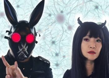 Photo of the two-man band PSYDOLL with a futuristic, cyber-themed setting. Both members are dressed in dark costumes, with on the left, guitarist Ucchi, wearing a bunny mask.