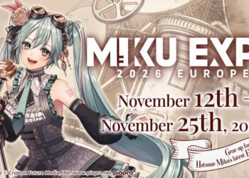 A banner for MIKU EXPO 2026 in Europe with a drawing of Hatsune Miku in a steampunk-inspired style. On the background there are elements to be found to enhance the Steampunk aesthetic. Art by suzunosuke © Crypton Future Media, INC. www.piapro.net piapro