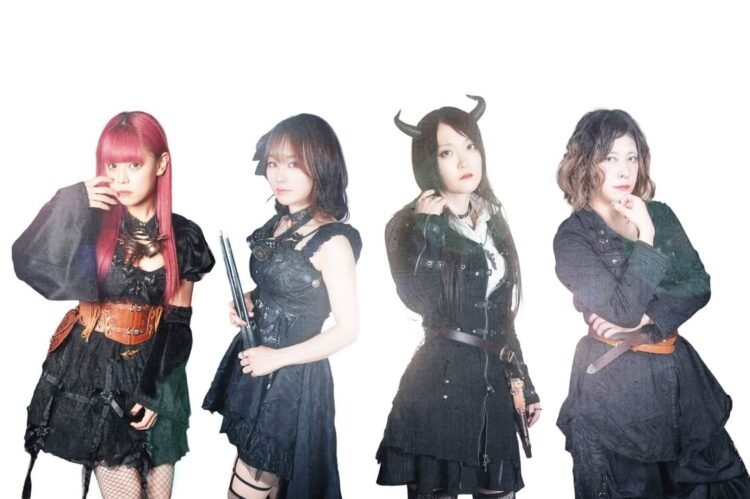 The photo shows the steampunk metal band FATE GEAR, dressed in dark gothic and steampunk inspired fashion standing next to eachother against a white background.