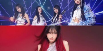 A collage of two photos by Risky Melody, the band, and Maki Oyama, the singer. On the top is the band photo of Risky Melody, consisting of four members. All are dressed in outfits with white as predominant colour, although the vocalist is wearing an outfit with a lot of blue and white ruffles. The other members are posing with their instruments, and the background is a stage with lights on. Their outfits also consist of grey/silver elements. On the bottom is a photo of Maki Oyama, posing in a silver and black outfit against a red wall. Her hair is black with red. © Risky Melody and Maki Oyama