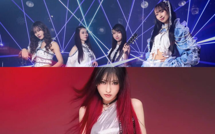 A collage of two photos by Risky Melody, the band, and Maki Oyama, the singer. On the top is the band photo of Risky Melody, consisting of four members. All are dressed in outfits with white as predominant colour, although the vocalist is wearing an outfit with a lot of blue and white ruffles. The other members are posing with their instruments, and the background is a stage with lights on. Their outfits also consist of grey/silver elements. On the bottom is a photo of Maki Oyama, posing in a silver and black outfit against a red wall. Her hair is black with red. © Risky Melody and Maki Oyama