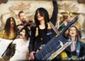 A collage of all the musicians featured in Far East Groove, including the band’s leader, Yasuharu Takanashi, in the foreground. The photos are snapshots of the musicians whilst they are performing. In the background, a mural of dragons can be seen. © Team-MAX INC.